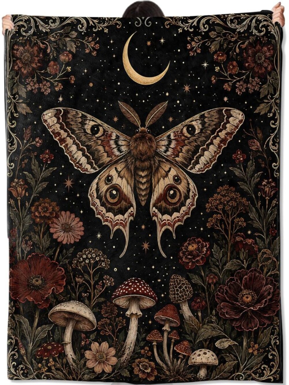 Vintage Moth Blanket, Gothic Moth with Mushrooms and Floral Pattern Flannel Thro